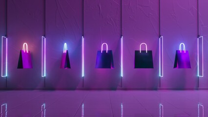An animated sequence featuring shopping bags with neon contour lighting, shifting from vibrant to muted tones.