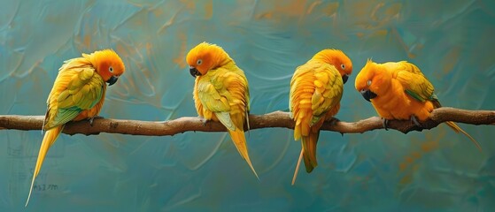 three yellow parrots on branches, head down