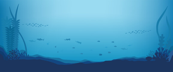 海中に広がるシンプルなサメや魚群の風景素材 横長 © fumimicreative