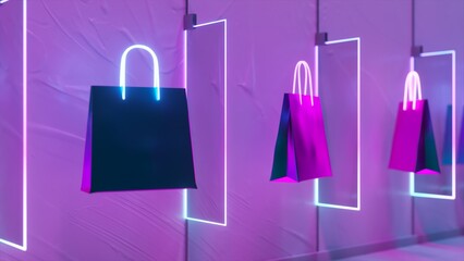 Line of neon-lit shopping bags against purple backdrop