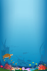 珊瑚礁の海中に漂う海亀と熱帯魚と沈没船の背景素材　縦向き