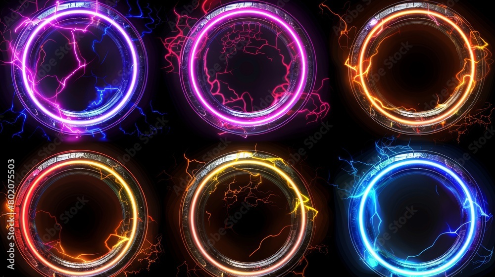 Poster ui circle border for profile avatar in game with electricity lightning effect. neon thunderbolt fram