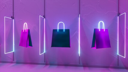 Line of neon-lit shopping bags against purple backdrop