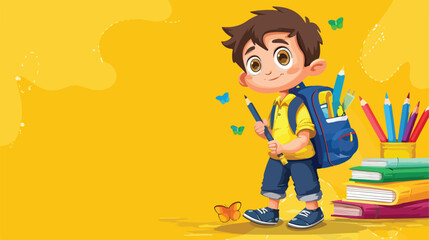 Little boy with pencil case on color background Vector