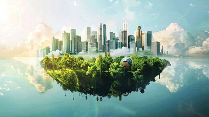 Dreamy cityscape merges with nature in a surreal floating island