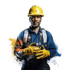 Fototapeta premium Man wearing hard hat and yellow gloves