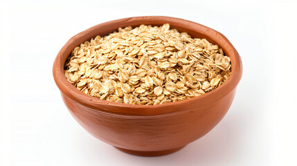 Bowl with raw oatmeal on white background