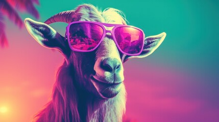 Goat with colorful neon retrowave background.
