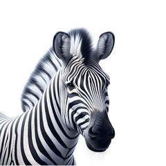 A zebra with distinctive black and white stripes on its face and neck is pictured against a plain white background.
