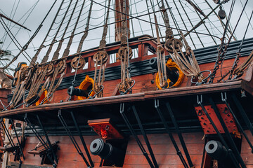 Genoa, Liguria, Italy. Detail of the ship Galeone Neptune, tourist attraction in Genoa