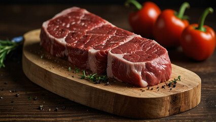 meat on a wooden block on a wooden table 