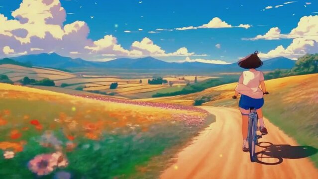 Cute Lofi Anime Girl Is Cycling On A Sunny Day, 2D Japanese Lo-fi Anime style Seamless loop hip-hop chill music lofi bites vibes Relaxing animation