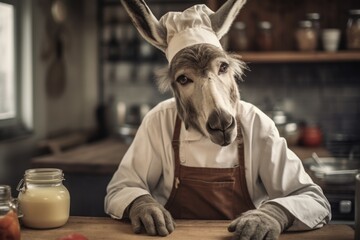 Donkey as a chef cook in a restaurant kitchen.