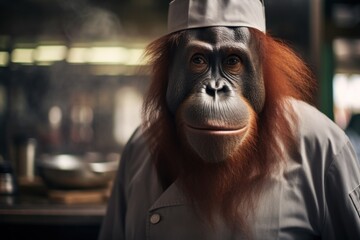 Orangutan as a chef cook in a restaurant kitchen.