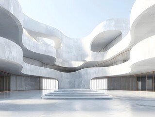 Minimalist Architectural Design with Open Courtyard and Curved Walls in 3D Rendering