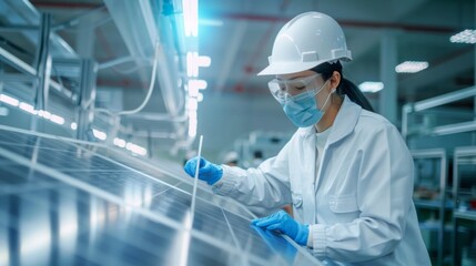 Solar panel manufacturing, workers preparing a solar panel. Checking the quality of finished panels