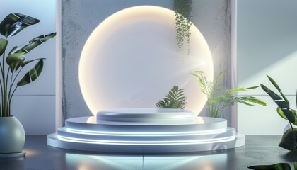 A modern 3D podium set in a tech-themed stage with futuristic lighting and a glowing portal effect, perfect for showcasing products in a high-tech or gaming environment