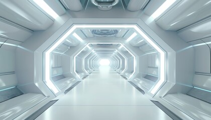 Obraz premium A futuristic white 3D room with neon lighting, creating an abstract space that resembles a technology tunnel or a modern interior corridor with silver and gray accents