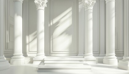 An elegant podium scene with classic Roman or Greek columns in white, set against a minimalist backdrop, ideal for displaying luxury products with a touch of ancient grandeur