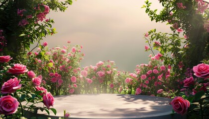 A romantic garden scene with a podium surrounded by pink roses and spring flowers, creating a beautiful and natural setting for showcasing products in a floral and Valentine-themed environment