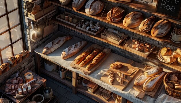 A repeat of the rustic bread bakery scene, highlighting the fresh and organic quality of bakery products from a top-down perspective, modern style, sunlight, elegant, hyper realistic, vibrant colors
