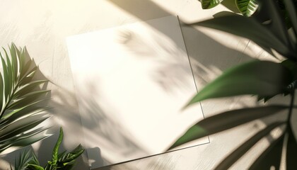 A simple yet elegant mockup of a birthday or wedding card on a white table, surrounded by green leaves for a fresh and celebratory presentation