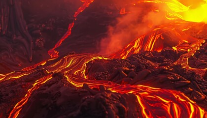 A vivid depiction of flowing lava, showcasing the fiery and molten texture of a volcano, ideal for projects related to natural disasters or geological studies