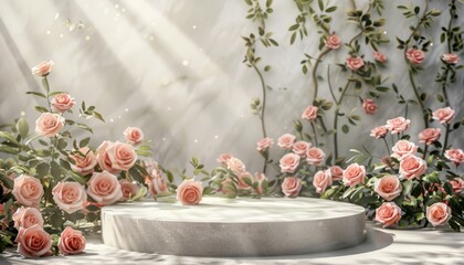 A floral podium with roses, set in a garden-themed background, ideal for romantic or seasonal displays of cosmetics and gifts, modern style, sunlight, elegant, hyper realistic, vibrant colors