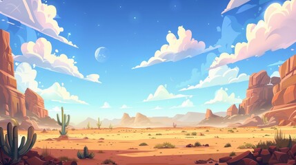 A great wildwest panorama with a burned out sand valley on the horizon. Sheriff back in the western desert cartoon background. Mountain wilderness landscape and dune view on sunny day modern