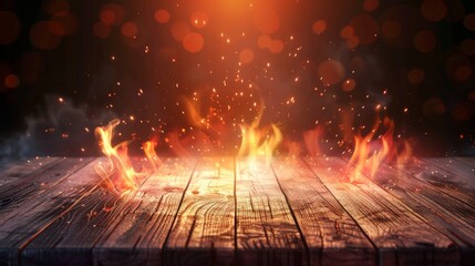 Modern illustration of a burning flame on a wooden table. Red and orange flame with sparks and smoke in the air. Background for restaurant BBQ menus.
