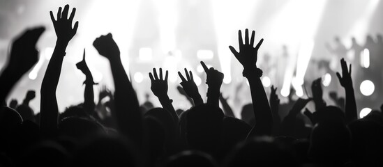 A vibrant concert scene with cheering fans and stage lights,