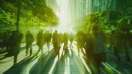 Sustainability in business center concept, business people crowd walking at corporate office in green city downtown, Abstract motion blur image, blurred background, Generative AI