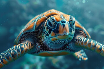 Obraz premium Up close with a vibrant sea turtle, its intricate patterned shell and piercing eyes tell stories of ancient mariners