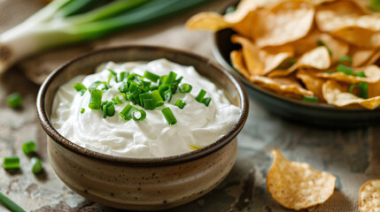 Bowl with tasty sour cream green onion and potato chip