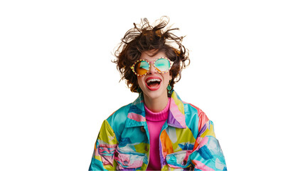 Very happy woman wearing colorful clothes and big glasses celebrating and smiling isolated on a transparent background