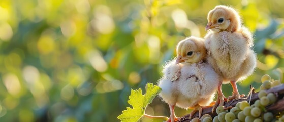 Two chicks are perched on the stem of a vine. This animal has the scientific name Gallus gallus...