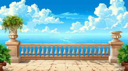 Sea and cloud in the sky on the hotel terrace. Summer early morning modern background of ocean landscape on an ancient patio. Sans serif font. Baroque lounge design.