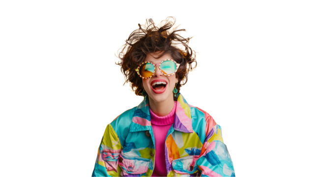 Very happy woman wearing colorful clothes and big glasses celebrating and smiling isolated on a transparent background