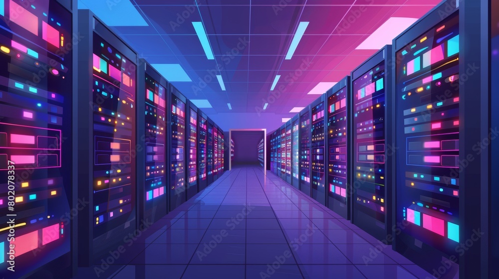 Poster an illustration of data servers with databases and network communication. a concept of digital techn