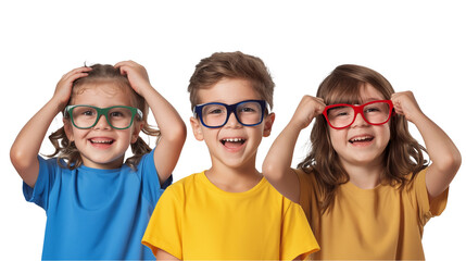 children with glasses smiling and laughing isolated on transparent background