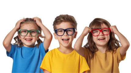children with glasses smiling and laughing isolated on transparent background