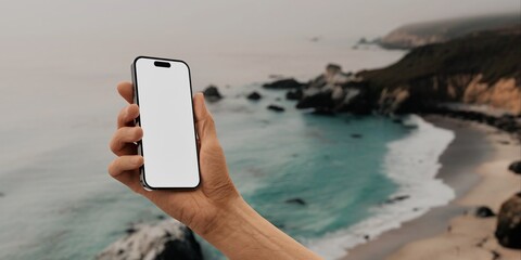 A close-up image of a male hand holding a smartphone with a blank screen