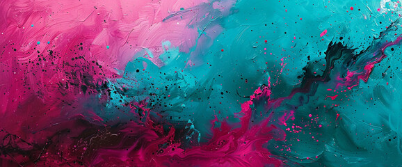 Splashes of magenta and turquoise swirling and converging on a blank canvas, creating a captivating...