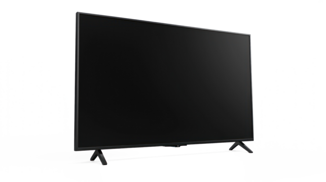 large modern black TV, png file of isolated cutout object with shadow on transparent background.