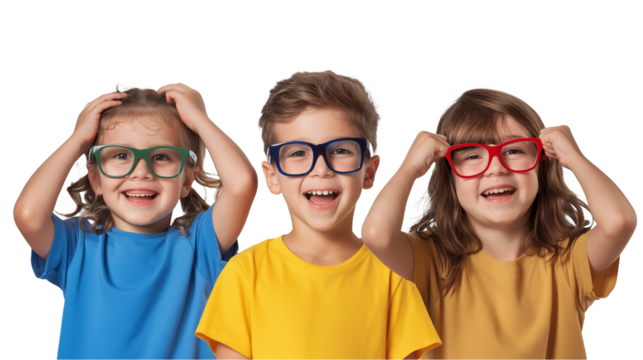 children with glasses smiling and laughing isolated on transparent background