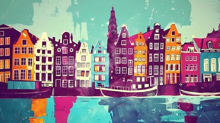 Water town travel illustration poster background