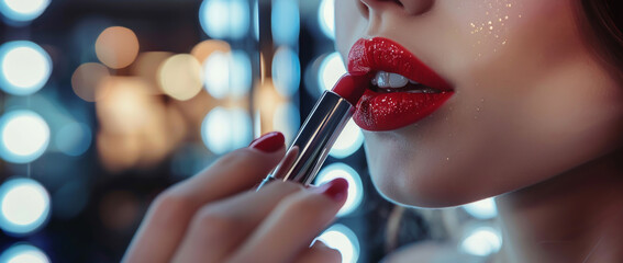 A closeup of the hand applying lipstick in front of mirror, - obrazy, fototapety, plakaty