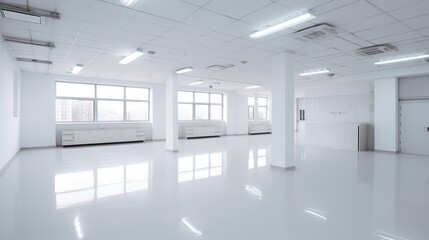 Illustration of glossy spacious well lit white interior with light reflections and copy space. Indoor background.