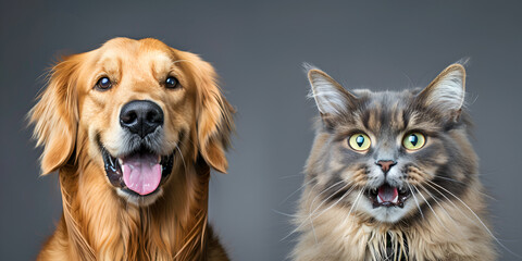 A dog and a cat are posing for a picture with dark grey background