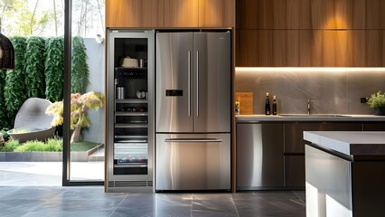 Stainless steel doubledoor fridge isolated in modern kitchen with fros. Concept Kitchen Appliances, Modern Design, Stainless Steel, Double-Door Fridge, Isolated Placement